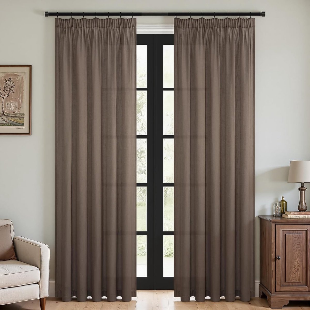 Set van 2 gordijnen, donker linnen, natuurlijke stijl, 240 x 140 cm (h x b), voor woonkamer, slaapkamer, met plooiband, linnenlook, boho-stijl, voor railsysteem