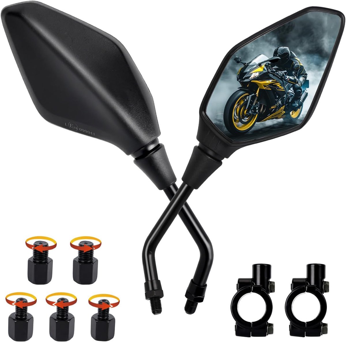 Achteruitkijkspiegel voor motorfiets, 2 x M10 rechtse schroefdraad, 2 x M8 rechtse schroefdraad + 1 x M10 linkse schroefdraad 1 x M8 linkse schroefdraad E-gecertificeerd