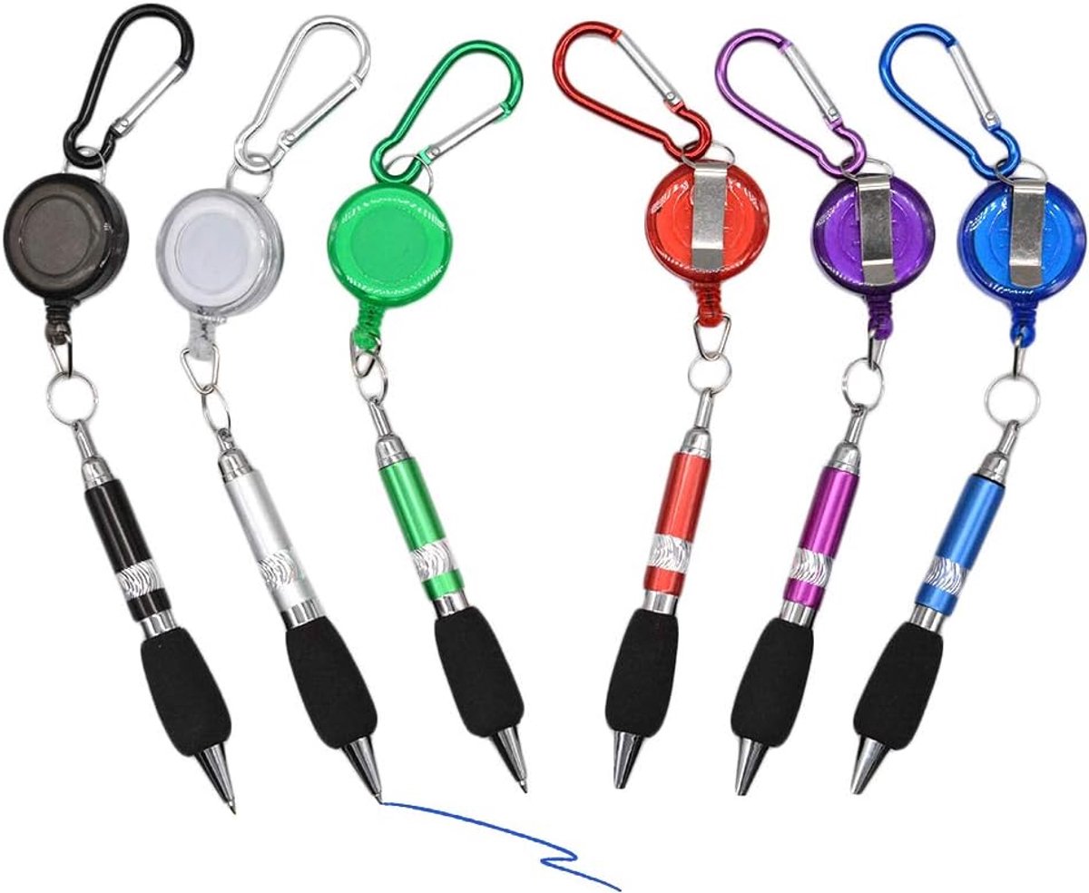 3-in-1 handige intrekbare badge haspel pen riemclip sleutelhanger karabijnhaak met intrekbare pen (set van 6)