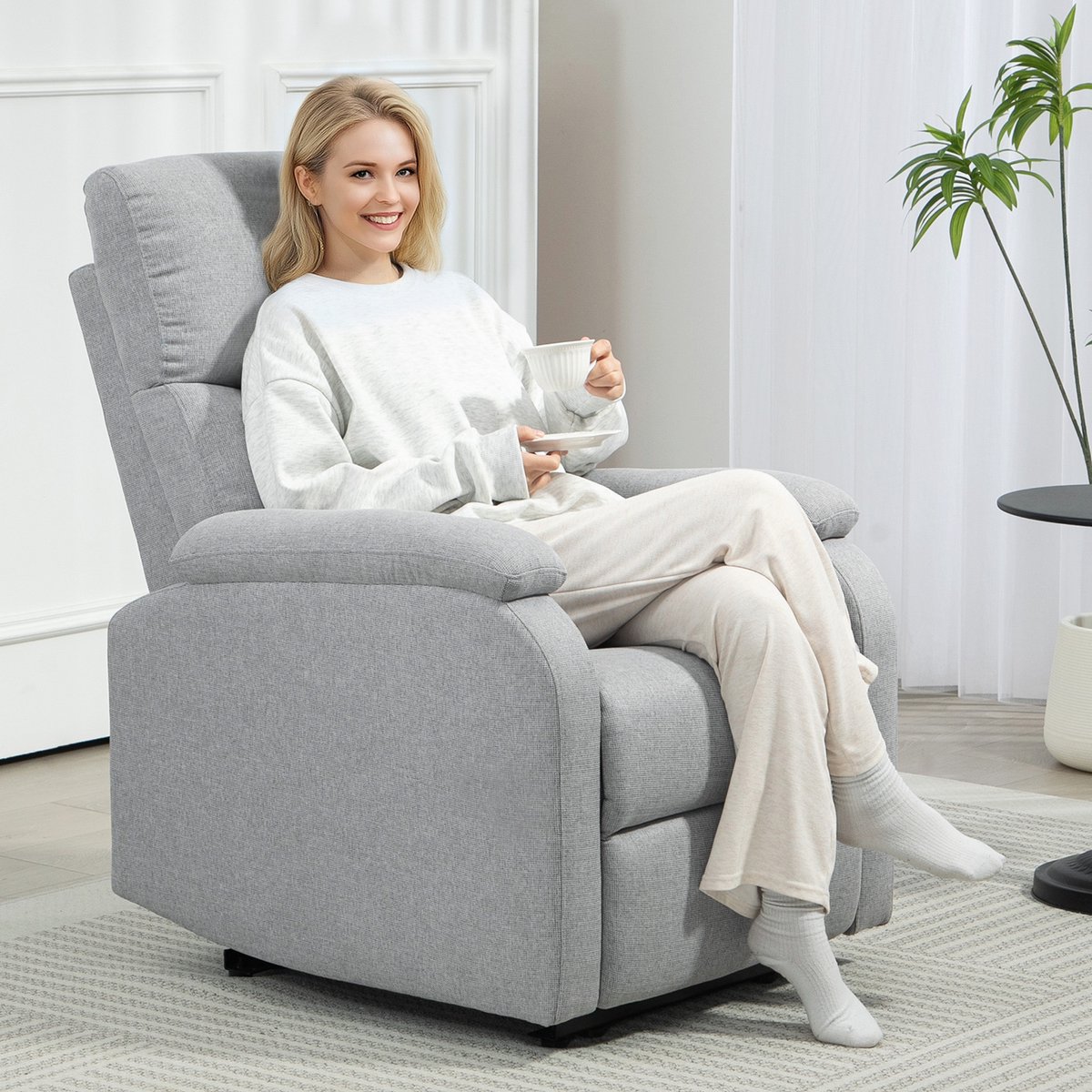 MODENUIT Relaxfauteuil 69 cm - Handmatig Verstelbare Rugleuning en Voetsteun - Voor Woonkamer - Stof - Grijs