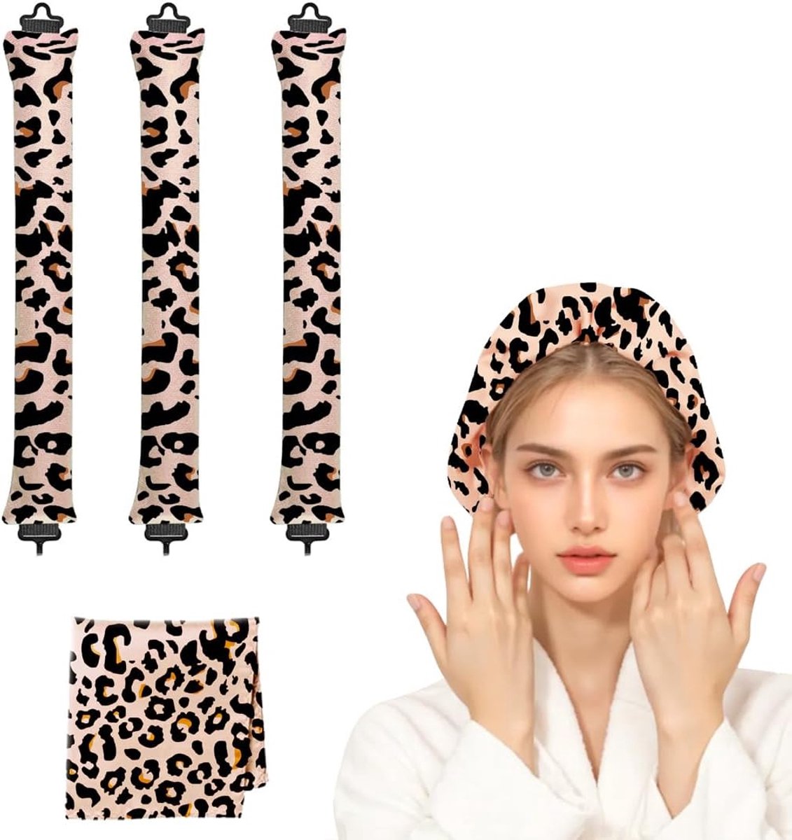 Krulbandset 's nachts - luipaardpatroon zijden rol voor volume & 's nachts krullen zonder hitte, papiloten voor zachte blowout golven incl. luipaardhaardoek