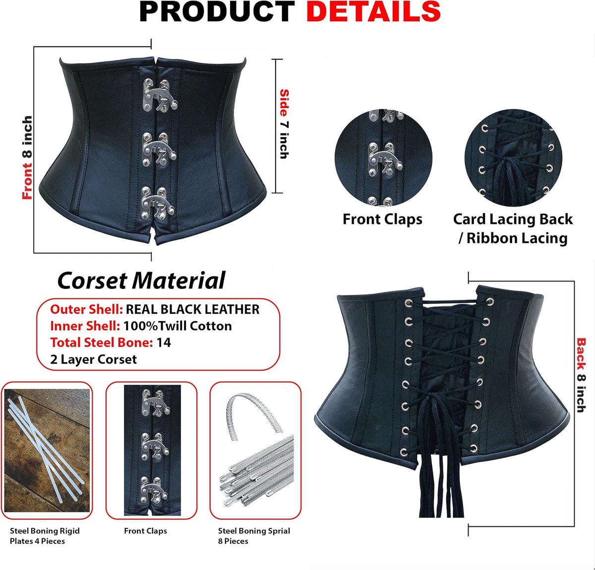 Onderbust zwart leer staal gebonden body shaper met sterke kleppen sluiting taille korset