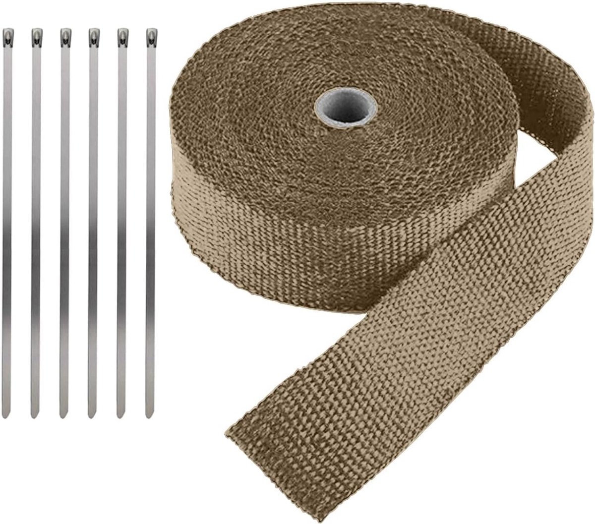Band van glasvezel voor motoruitlaat, collectorband, thermische isolatiebuis, bescherming voor auto-isolatie, titanium, 5 cm x 5 m met 6 bevestigingen