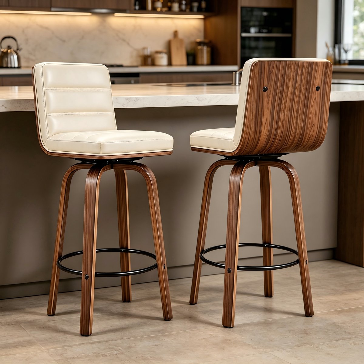 MODENUIT Barkruk Set van 2 - 360° Draaibaar Met Rugleuning en Voetsteun - Keuken En Bar - Kunstleer - Cream