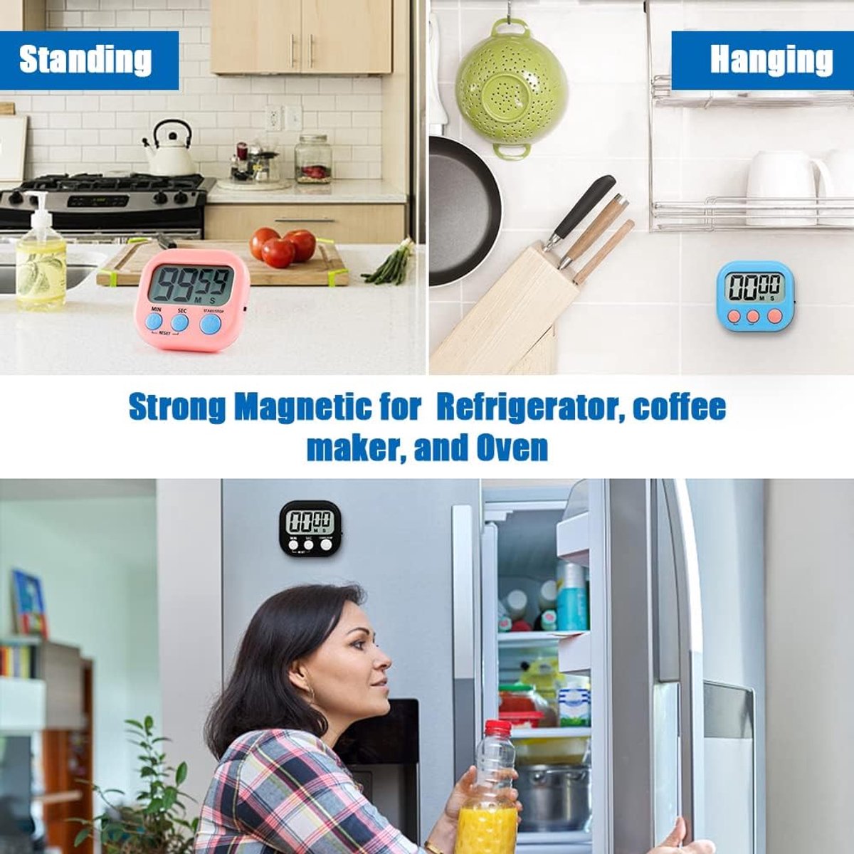 Keukentimer, magnetische achterstandaard, timers voor bakken, keuken, studeerkamer, trainingstraining, tel- en aftelklok, luid alarm (roze)