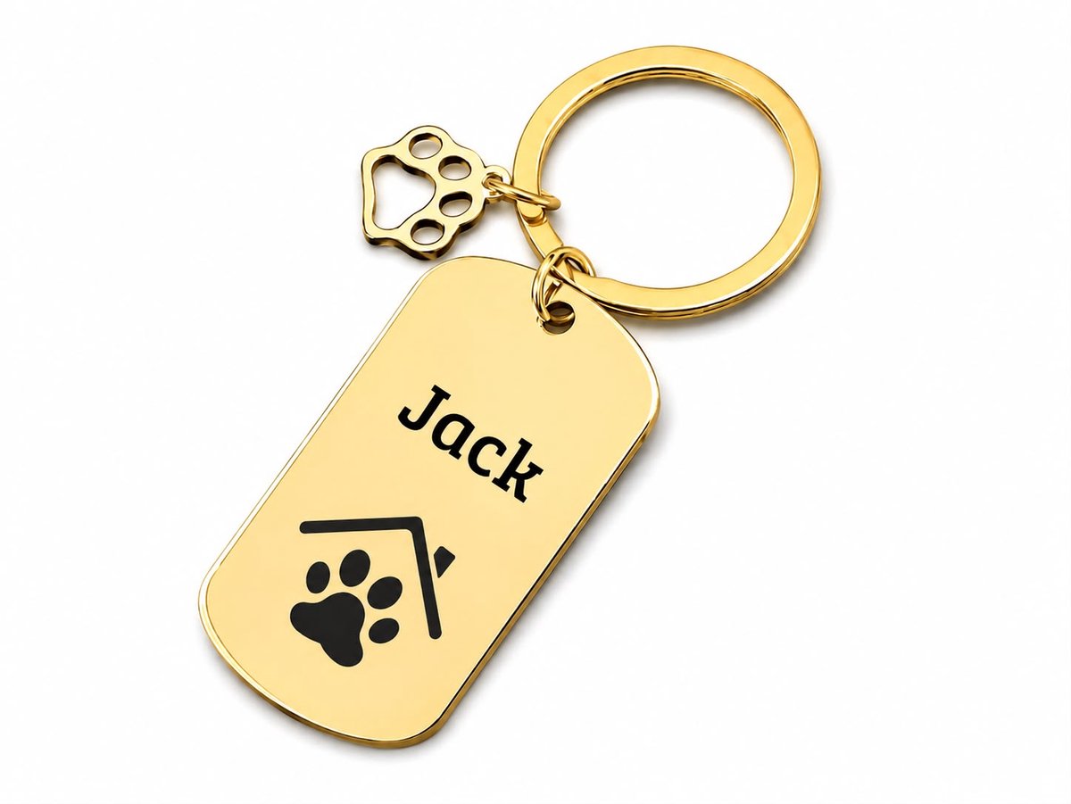 Gouden RVS Hondenpenning met Hondenpoot en Huisje | inclusief Graveren | Hondenpenning met Bedeltje | Petshop Seven®
