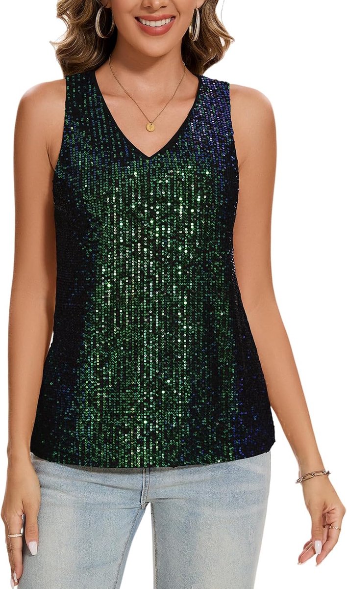 Dames tanktop glitter pailletten tuniek mouwloze blouse festival elegant losse V-hals bovendeel blouse top