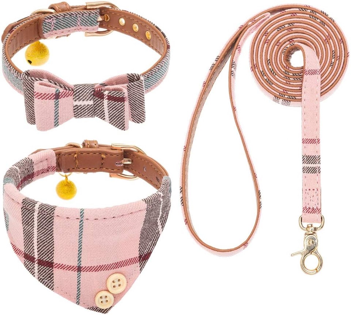 Set met hondenhalsband en leiband - klassieke geruite vlinderdas en hondenbandana kraag met schattige bel, geen wirwar hondenriem, verstelbare puppyhalsband voor kleine, middelgrote en