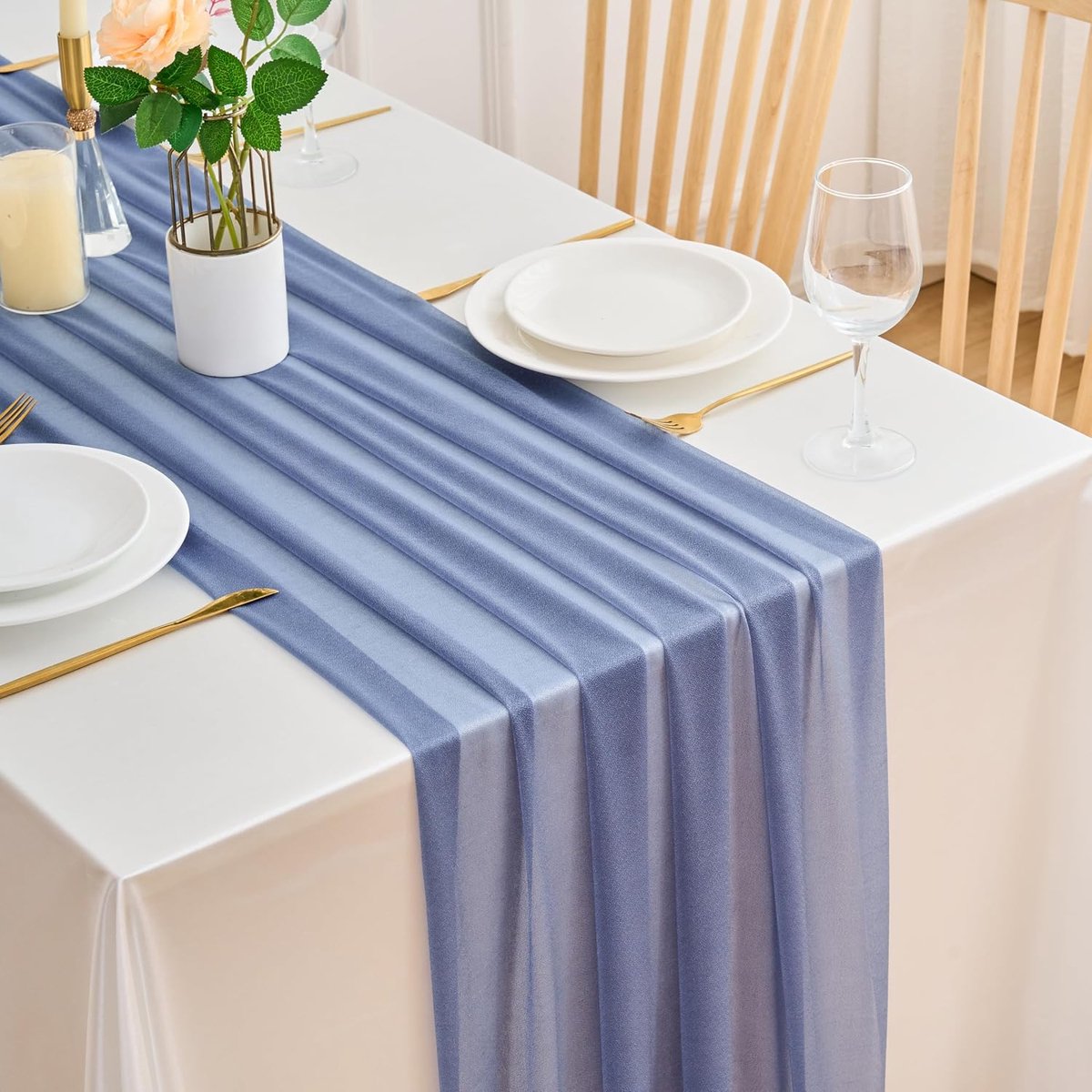 Tafelloper, chiffon, lichtblauw, 75 x 220 cm, elegante tafelloper, lente, modern, wasbaar, tafelkleed, decoratie voor bruiloft, feest, bruiloft, festival, verjaardag, babyshower