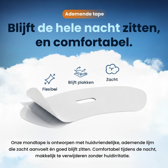 Ademende tape die flexibel is, goed blijft plakken en zacht aanvoelt. Blijft de hele nacht zitten, en comfortabel.