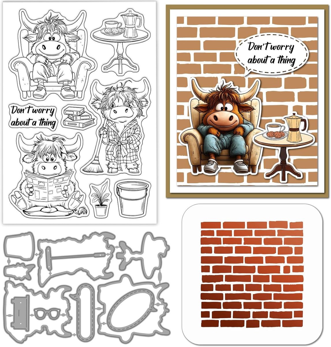 Grappige Hoogland Vee Clear Stempels Snijden Dies PET Schilderen Stencils voor Kaarten Maken Muur Baksteen Textuur Siliconen Stempel Metalen Tekst Woorden Die Cuts PET Verf Stencils voor
