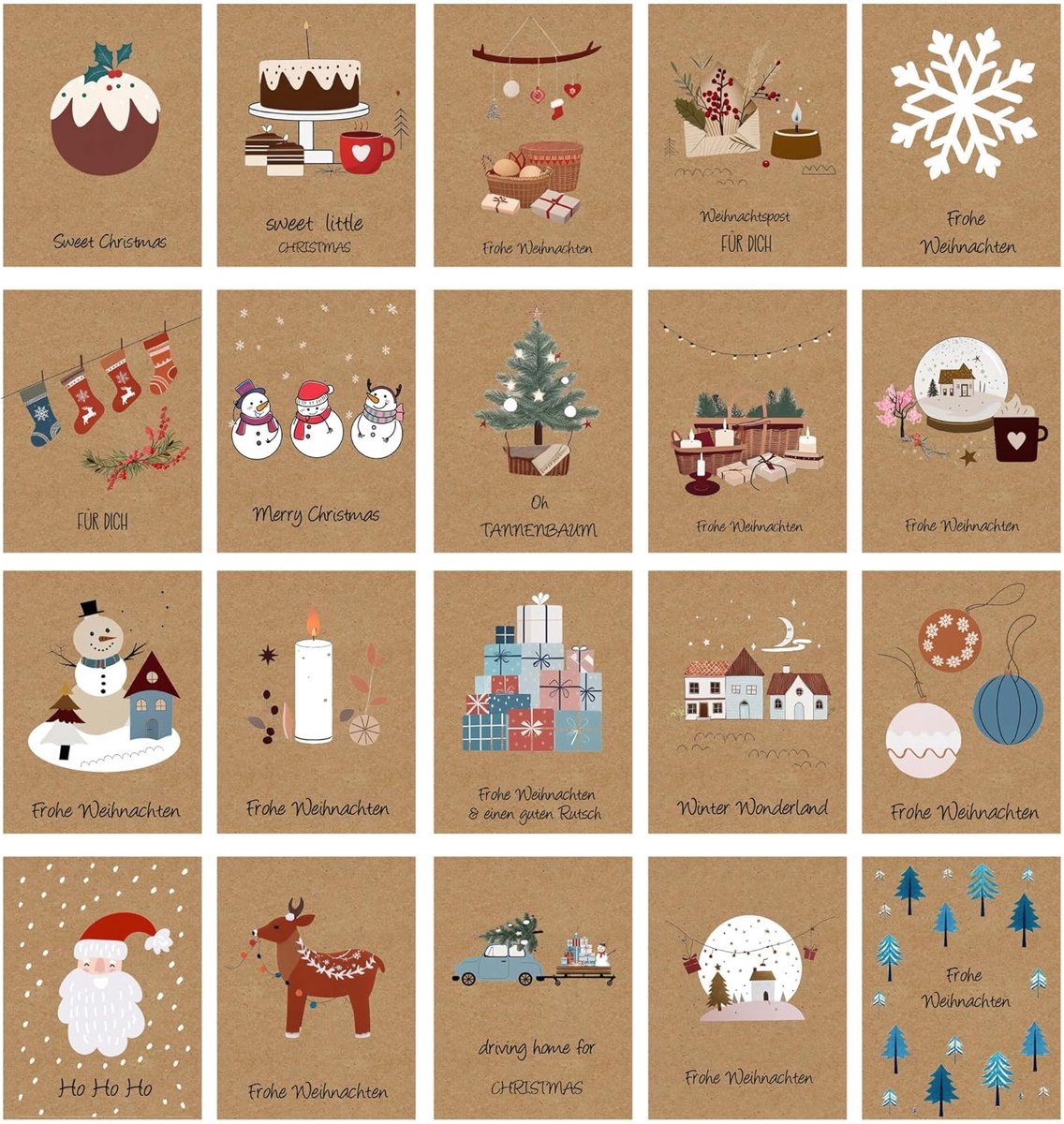Kerstkaarten met enveloppenset, 20 stuks, A6 vouwkaarten, kraftpapier, kerstkaarten, kerstkaarten voor de mooiste kerstgroeten
