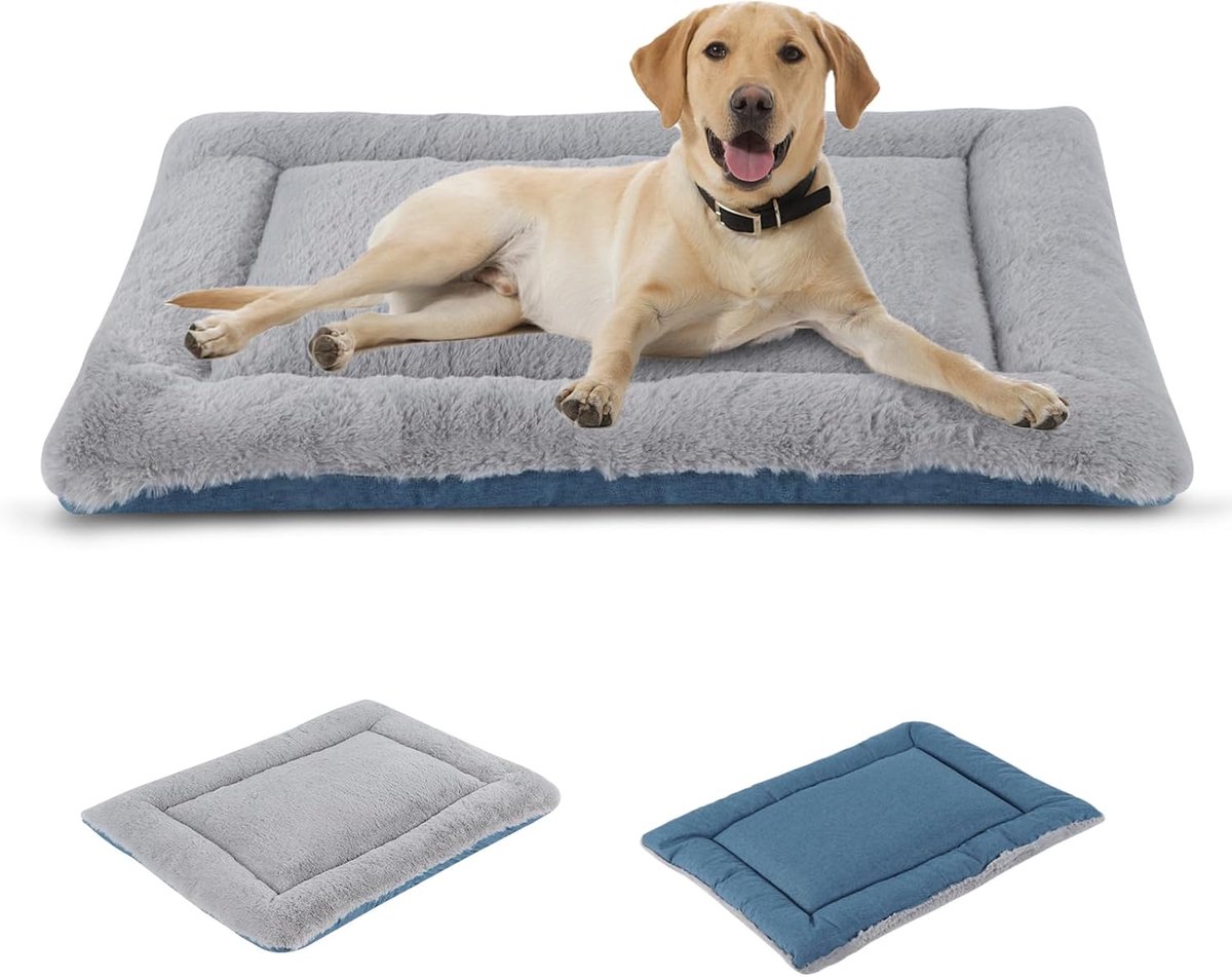 Hondenbed Mat, Tweezijdig Wasbaar Kussen, Zacht Premium Pluche Hondenkrat Mat, Matras voor Kleine/Middelgrote/Grote Honden en Katten FC014 (Grijs en Blauw, L(91 * 58cm))