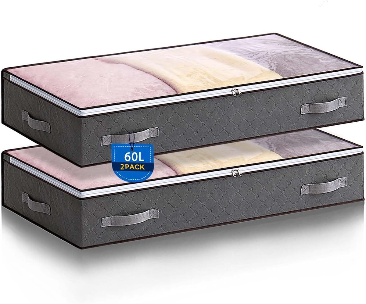 2 stuks opbergzakken voor onder het bed, 60 liter, opvouwbare doos met deksel, versterkte handvat, kledingopbergruimte