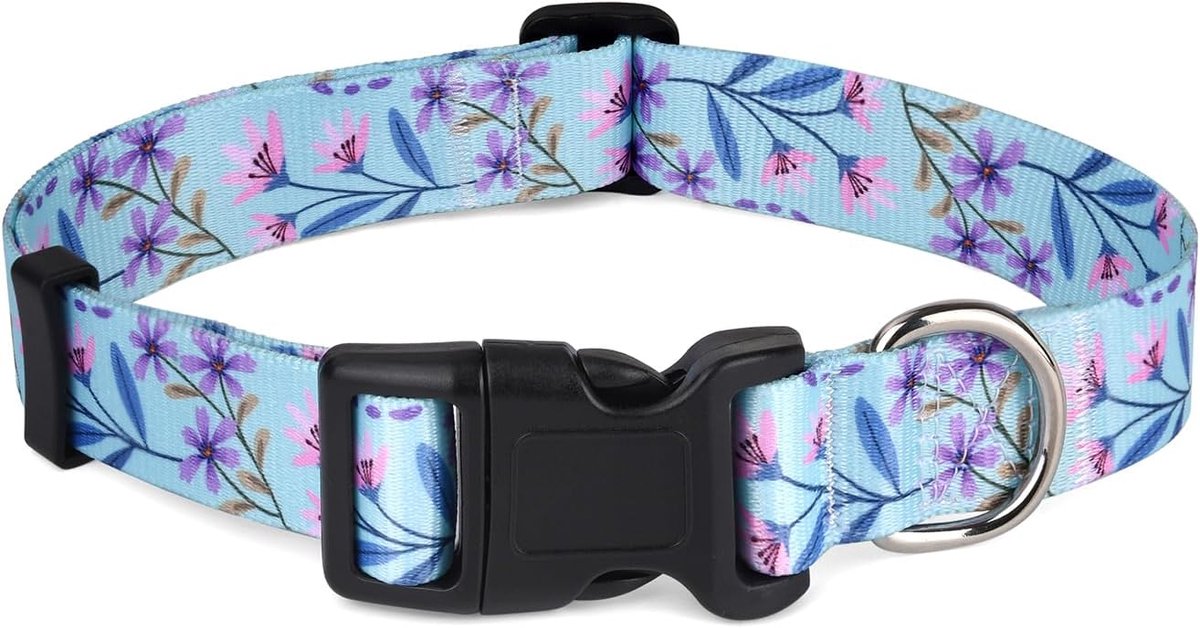 Zachte halsband voor honden, met bloemmotieven, verstelbaar, voor kleine, middelgrote of grote honden (paarse/roze bloemen, S)