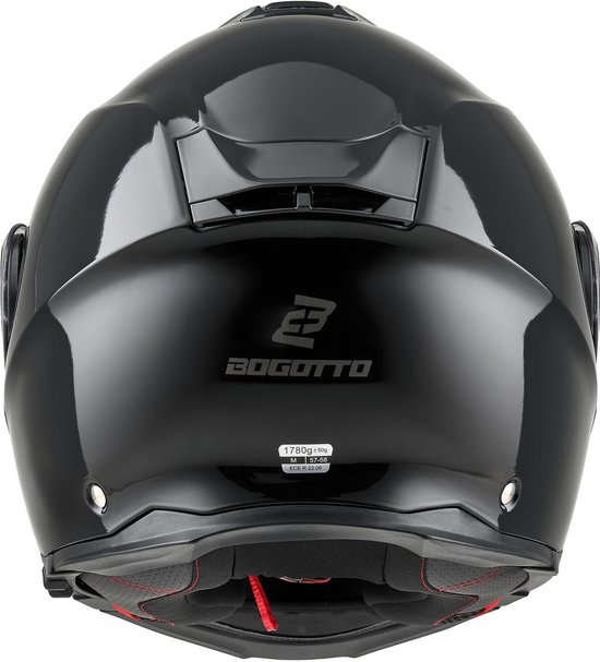 Zwarte Bogotto helm van achteren met ventilatieopening, merklogo en ECE 22.06 label.