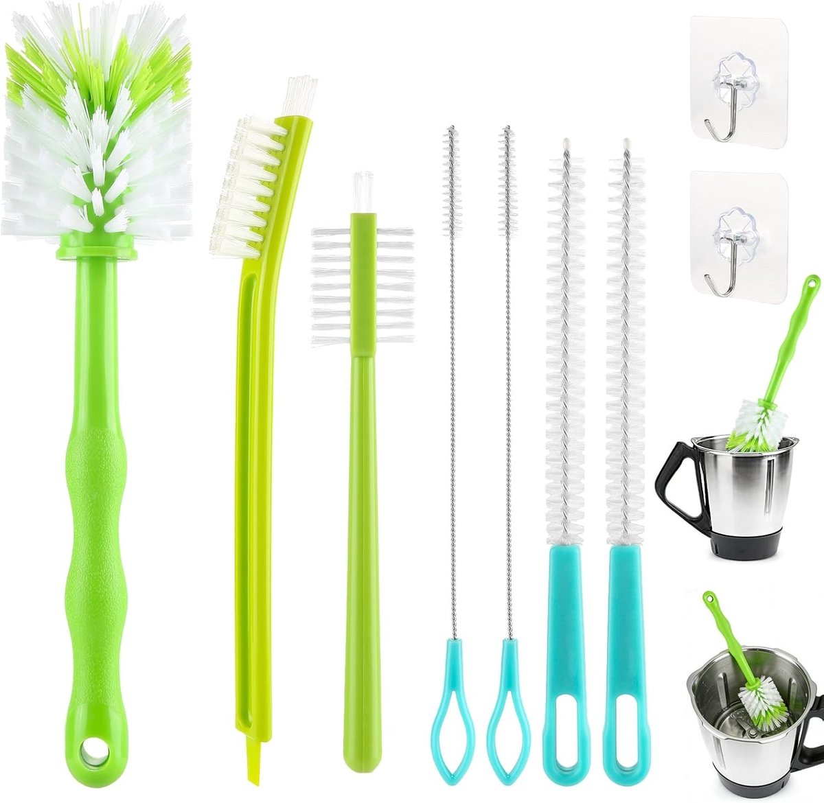 Multifunctionele 7-delige reinigingsborstelset voor keukenapparatuur, ideaal voor mixpotten, flessen en kopjes met haken en netzak
