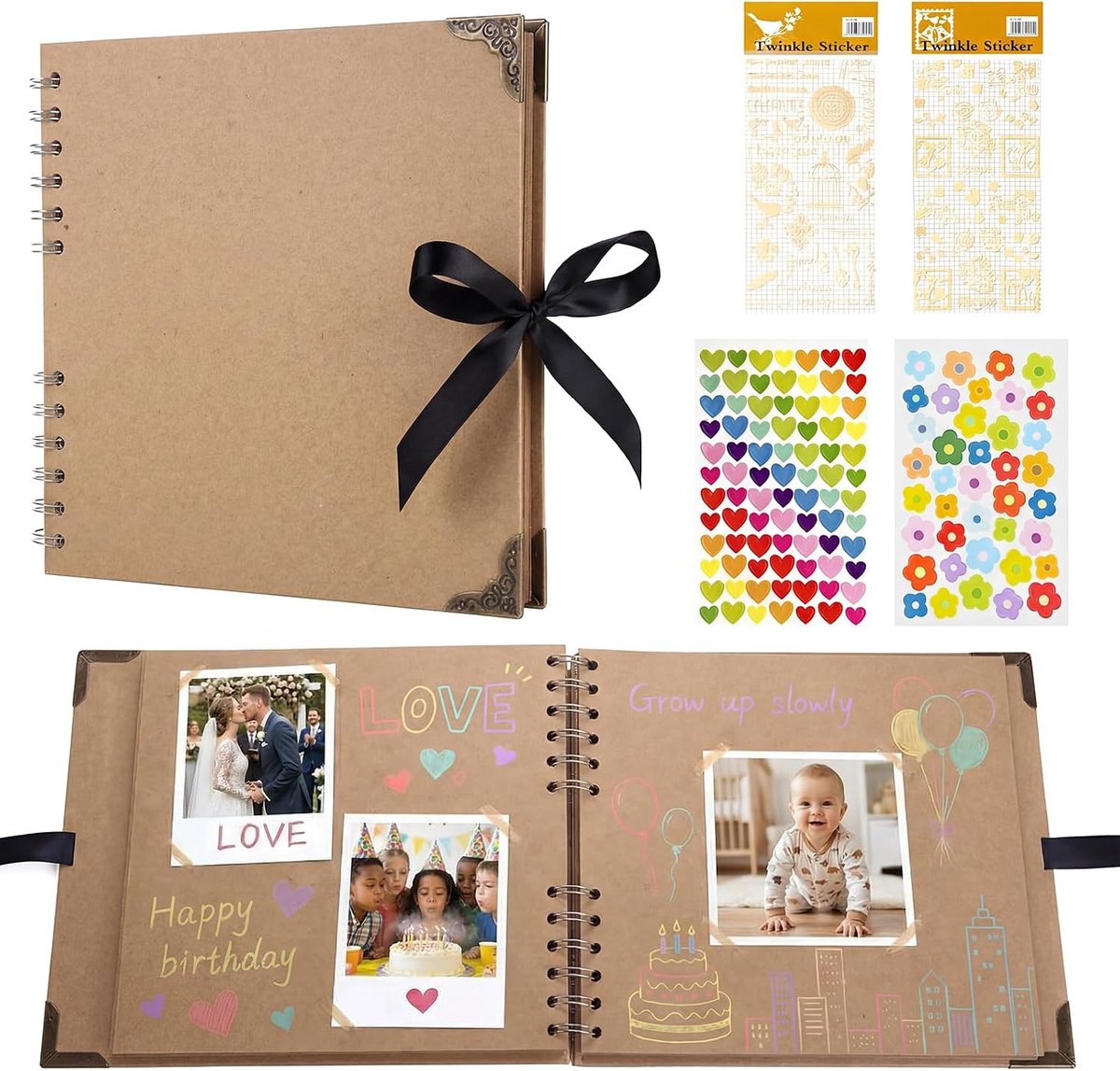 Fotoalbum om zelf vorm te geven - met 60 pagina's - 20 - 5 x 20 - 5 cm - spiraalalbum - fotoalbum - bruiloft - baby - scrapbook met 4 stickervellen - doe-het-zelf album om in te plakken - voor familie