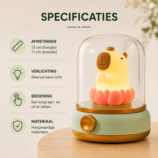 Nachtlamp - Veldman Living - Magische Nachtlamp Capibara - Nachtlampje voor Kinderen - Nachtlampje kinderen - USB oplaadbaar - Rustgevende Nachtverlichting - Slaaplampje - Kindernachtlamp - Droomlampje - LED Slaaplamp - Kinderkamer - Groen van Veldman Living — afbeelding 3