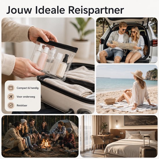 Collage van een transparante toilettas met toiletartikelen, een stel in een auto, een vrouw op het strand en vrienden bij een kampvuur.