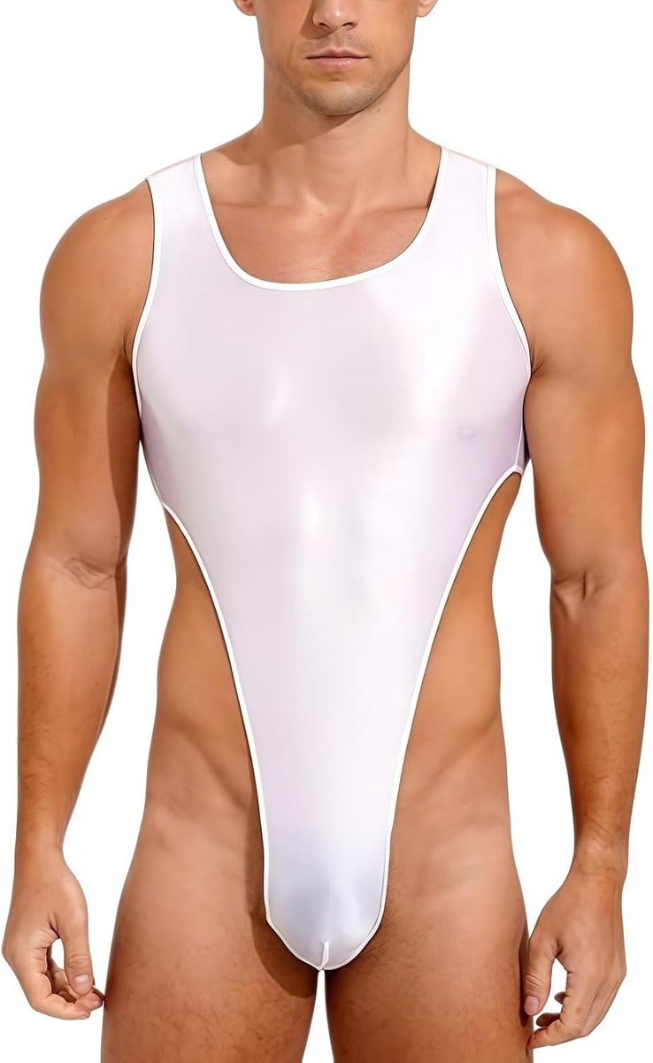 Shiny Mouwloos Scoop Neck Hoog Been Thong Gym Bodysuit voor Mannen - Stretch, Diepe Rug en Stralende Afwerking voor Optimale Trainingsprestaties