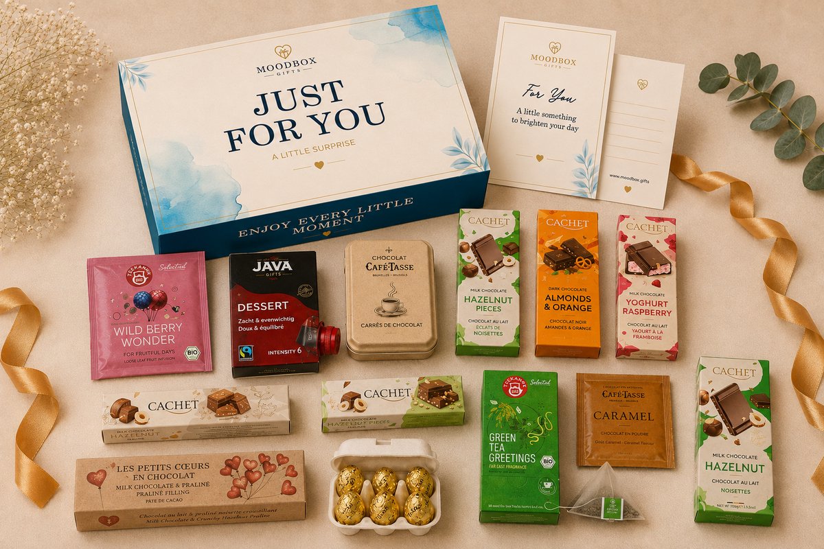 Luxe cadeaubox speciaal voor jou – Belgische chocolade, koffie, thee & lekkernijen – Gepersonaliseerde wenskaart – Moodbox Gifts – Just For You Box Prestige