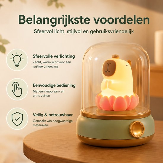 Nachtlamp - Veldman Living - Magische Nachtlamp Capibara - Nachtlampje voor Kinderen - Nachtlampje kinderen - USB oplaadbaar - Rustgevende Nachtverlichting - Slaaplampje - Kindernachtlamp - Droomlampje - LED Slaaplamp - Kinderkamer - Groen van Veldman Living — afbeelding 2