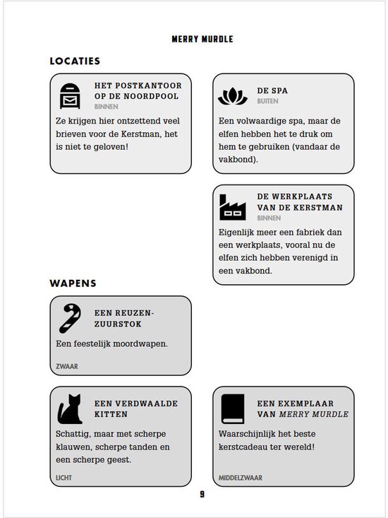 Paginatitel "Locaties" met iconen en tekst: "Het Postkantoor op de Noordpool", "De Spa", "De Werkplaats van de Kerstman", en "Wapens" met "Een Reuzen Zuurstok" en "Een Verwaarloosde Kitten".