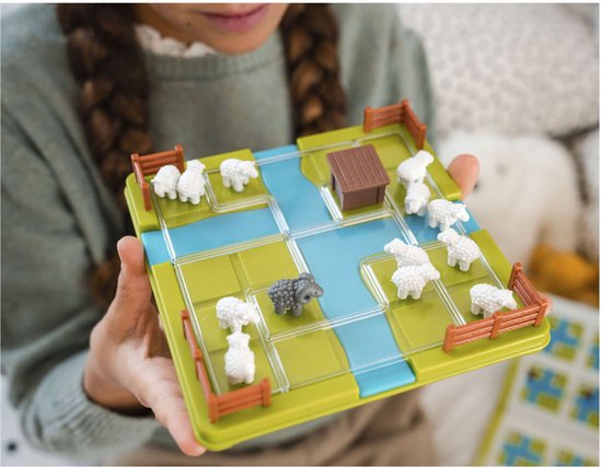 Een meisje houdt een groen en blauw spel vast met schaapjes en een zwarte schaap met een bruin huisje en omheiningen.