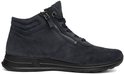 Zijaanzicht van donkerblauwe suède hoge sneaker met rits en zwarte zool.