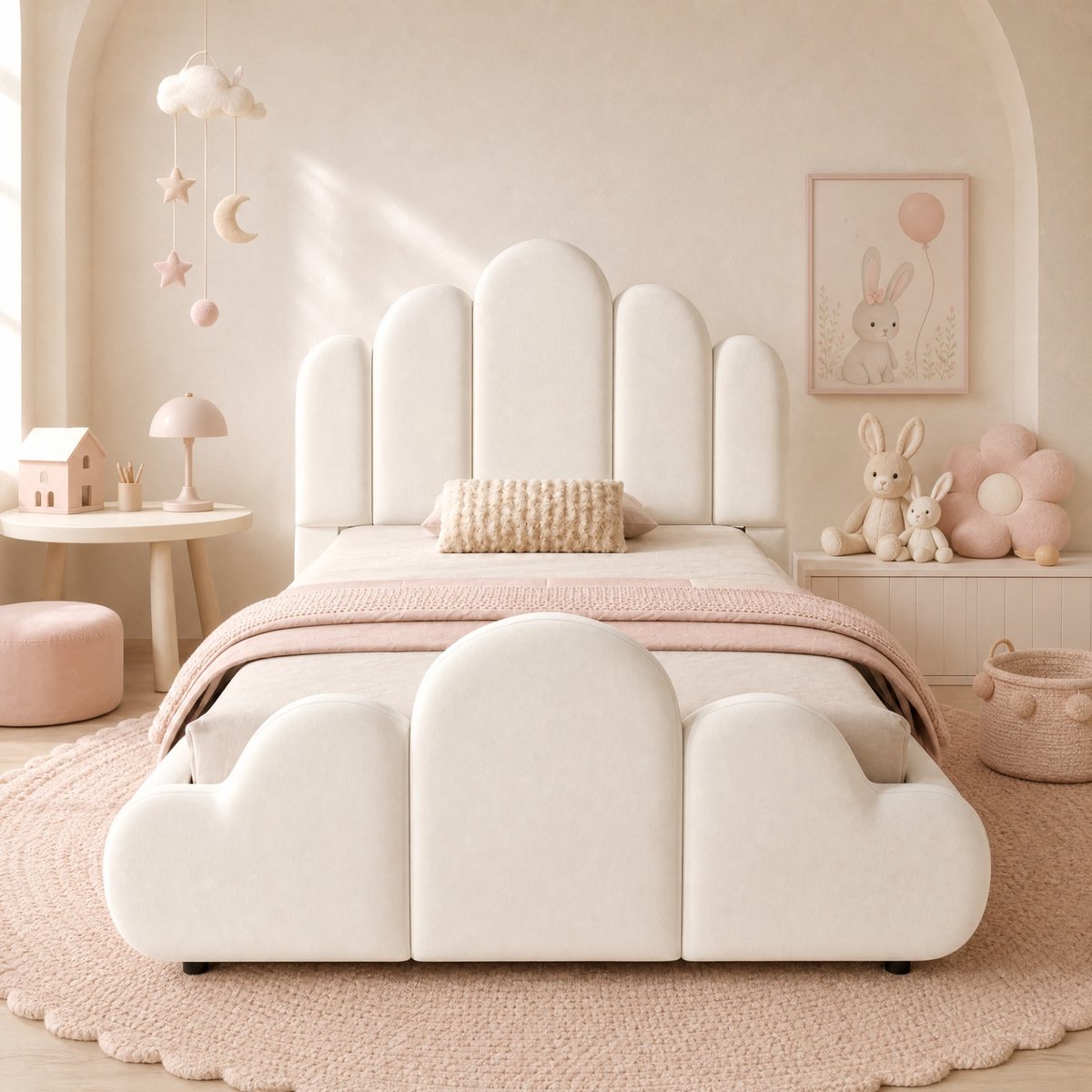 COVREO Kinderbed 90x200 cm beige stof, met lattenbodem voor kinderkamer