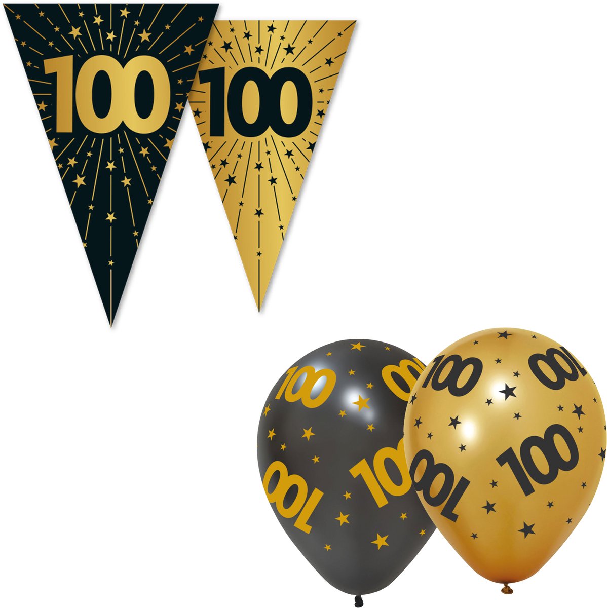 Black & Golden Celebrations Feestpakket XXL - 100 Jaar - Versiering Set met 6x Vlaggenlijn en 12x Ballonnen - Zwart & Goud