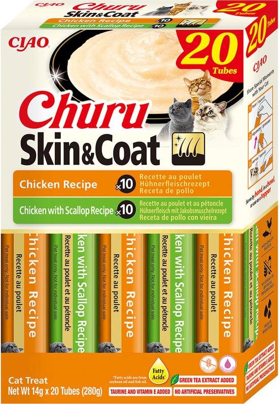 Verpakking met 20 tubes van Churu Skin & Coat kip en sint-jakobsschelp recept, 4 tubes met kip recept en 4 tubes met sint-jakobsschelp recept.