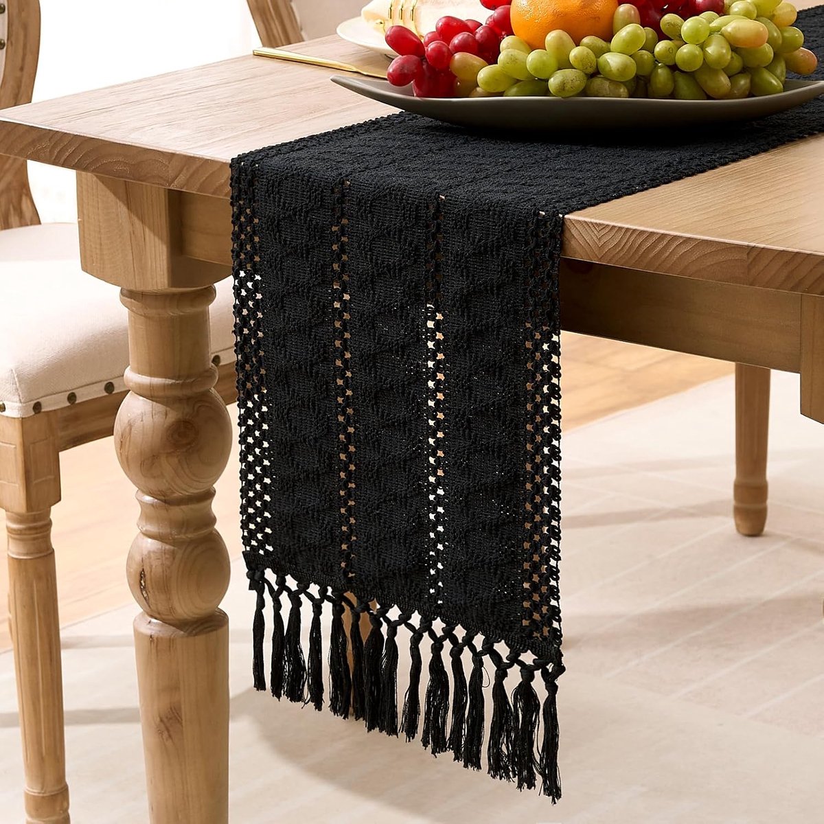 Tafelloper zwart lente zomer buiten landelijke stijl tafelloper katoen linnen met handgemaakte kwastjes vintage tafelloper voor bruiloft keuken decoratie 30 x 140 cm