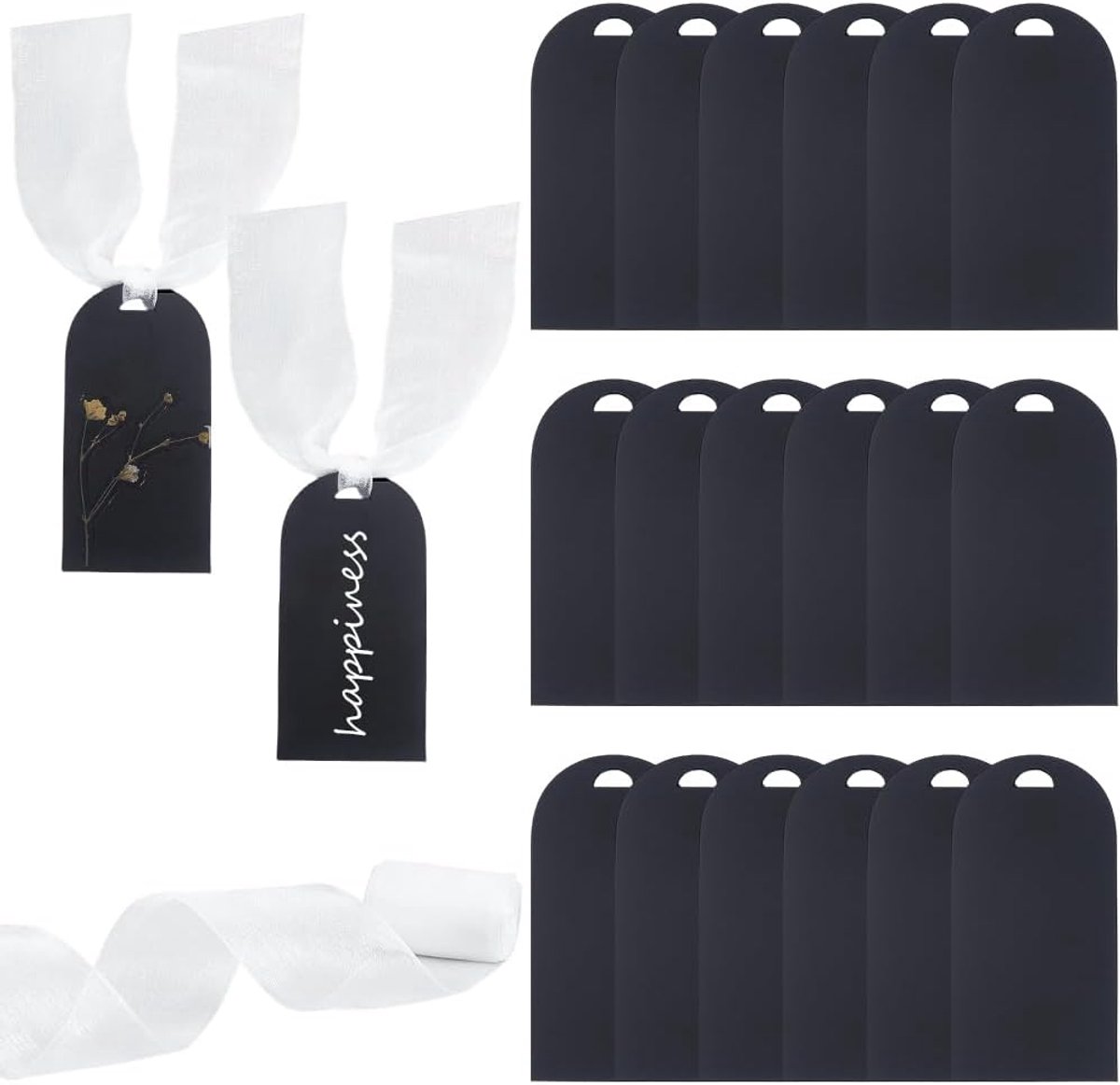 20 stuks acryl tafelkaarten, zwarte plaatskaarten, 9,9 x 4,6 cm, bruiloftsnaam, gereserveerde borden, doe-het-zelf, lege hangborden met wit lint, voor verjaardag, centerpiece, jubileumfeest