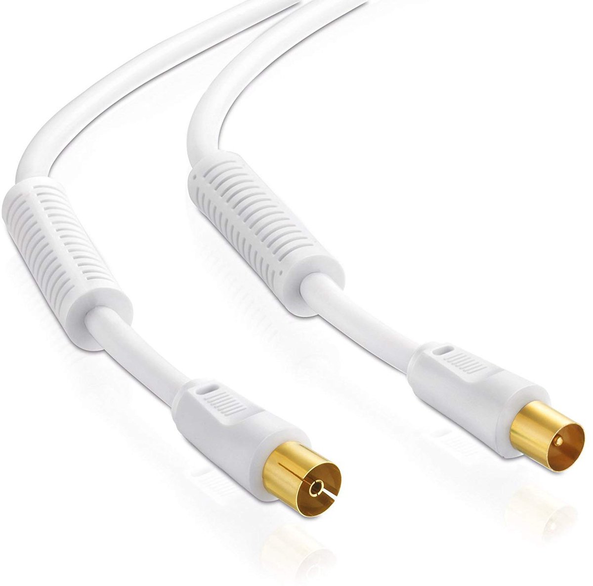 Antennekabel | 2,5m | 75 Ohm | 110 db | 4-voudig afgeschermd | coaxstekker > coaxkoppeling | coaxkabel aansluitkabel | TV HDTV radio DVB-T DVB-T2 DAB | 2X ferrietkern | wit | 2,5 meter