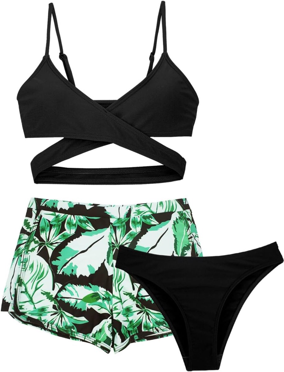Meisjesbikini met broek voor kinderen, 3-delig, badmode, bloemenprint, gevoerde bikini, zomer, strand, zwemmen, voor 8-14 jaar