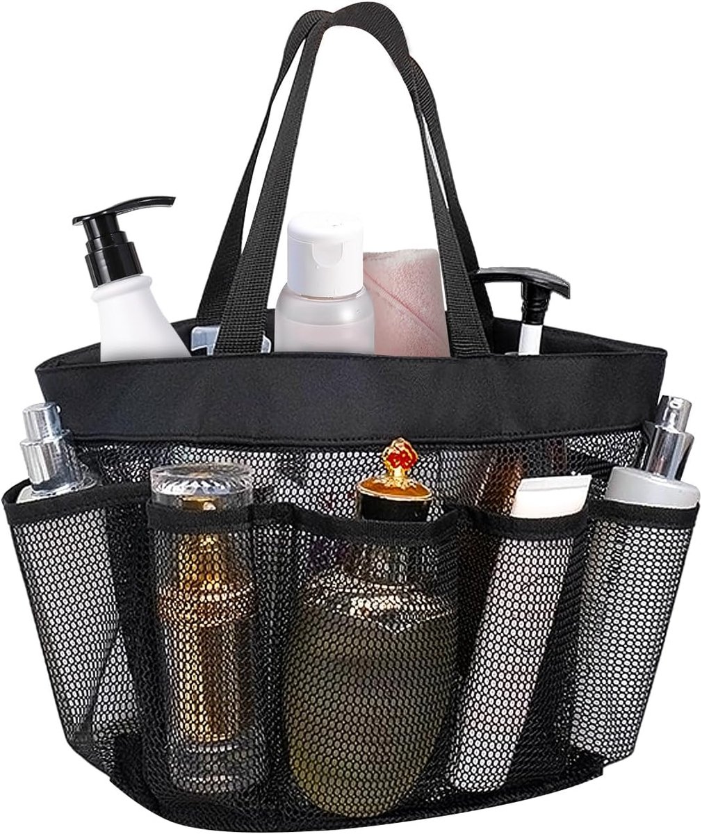Douchetas, opvouwbare draagbare toilettas met handvat, multifunctionele strandtas van mesh met 8 vakken, voor camping, thuisopslag voor toiletartikelen, kleding (zwart)