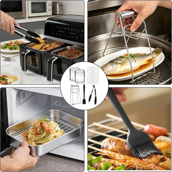 Accessoireset voor heteluchtfriteuse bevat accessoires: ovenschaal Airfryer roestvrij staal 304, rooster, plaatlifter, siliconen borstel en komklemmen, compatibel met AF500EU, AF400EU — afbeelding 3