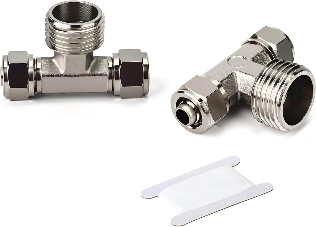 2 stuks Vernikkeld Messing T-vormig Kniep-Luchtleiding T-stuk, 3-weg Slangverdeler met middenste buitendraad, Pneumatische snelkoppeling T-stuk 1/2 BSP buitendraad × 10mm slang