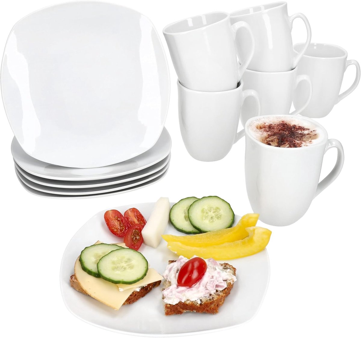 Lotta 12-delige ontbijtset, wit porseleinen servies voor ontbijt- en koffietijd, 6 x borden en koffiekopjes 300 ml, hoogte 10,5 cm, voor 6 personen