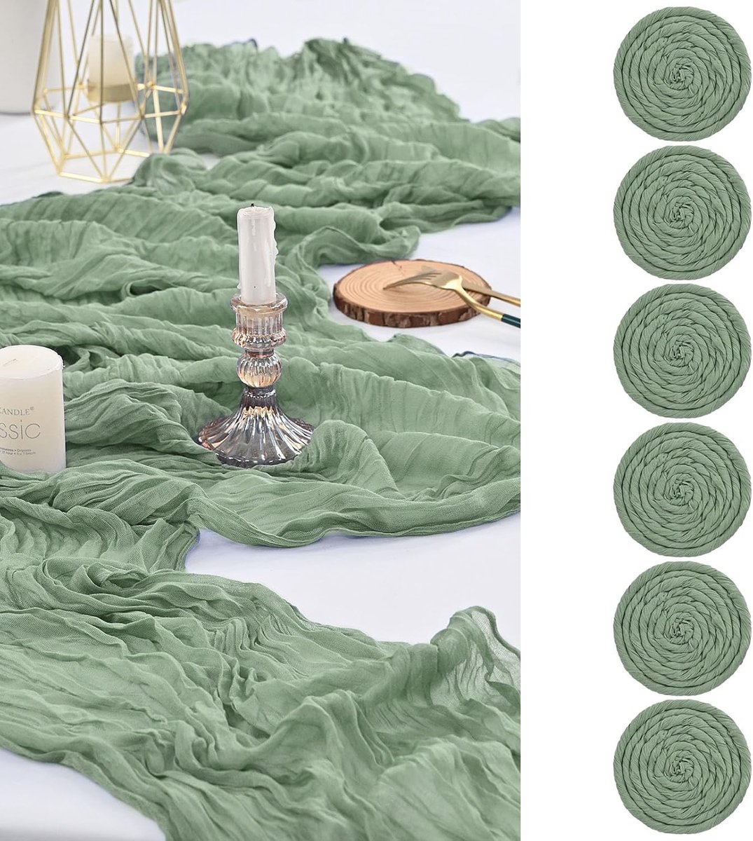 6 stuks saliegroen tafelloper, 55 x 300 cm kaasdoek, romantische doorschijnende tafelloper, 10 ft gaas, boho tafelloper, rustieke kaasdoek tafelloper voor bruiloftsfeest, bruidsdouchetafel