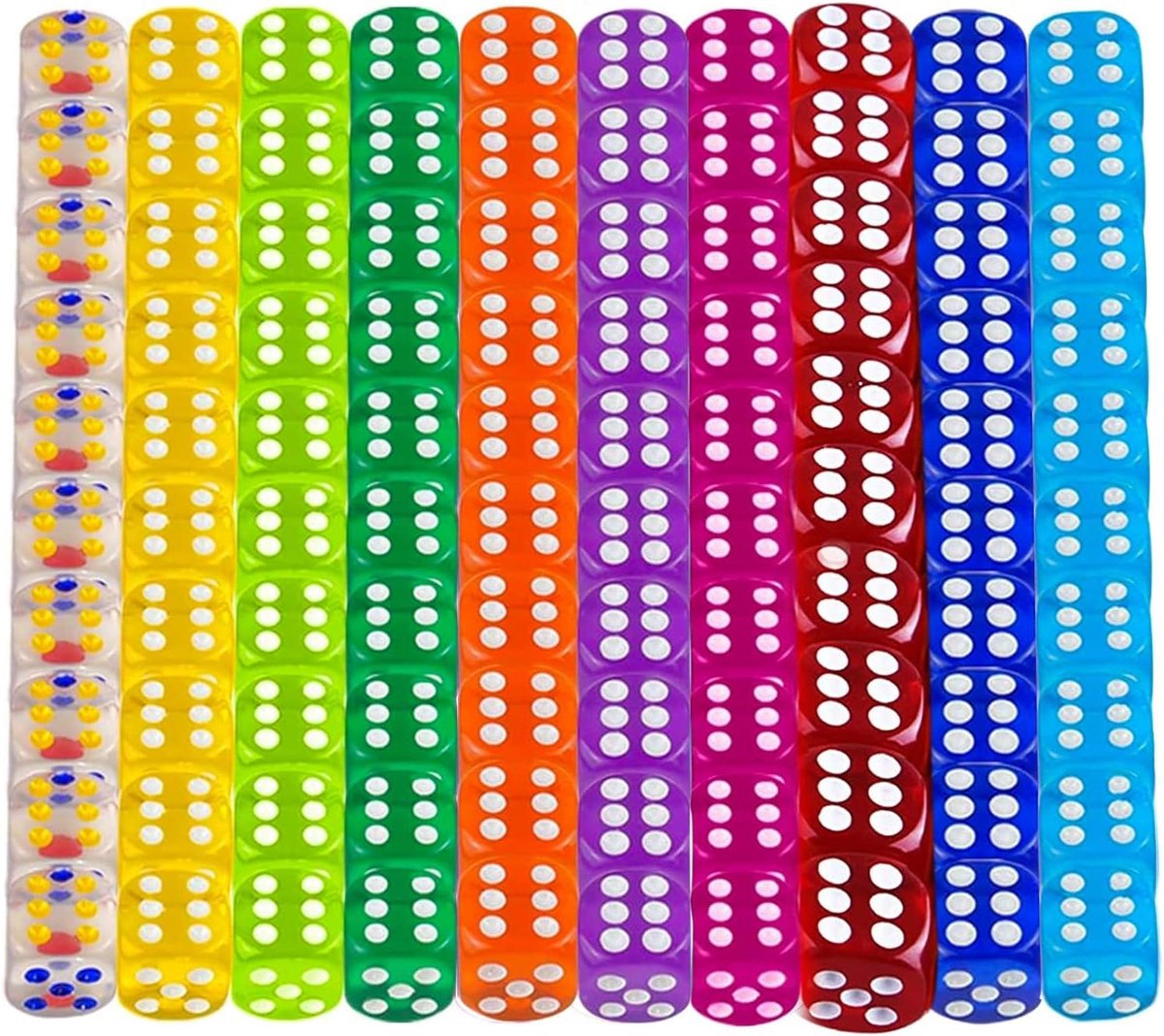 100 stuks dobbelstenen set, zeszijdige dobbelstenen, set van 6-zijdige kleurrijke dobbelstenen, speldobbelstenen voor tafelkaarten, dobbelspel, kleurrijke glitterende dobbelstenen, doorschijnende