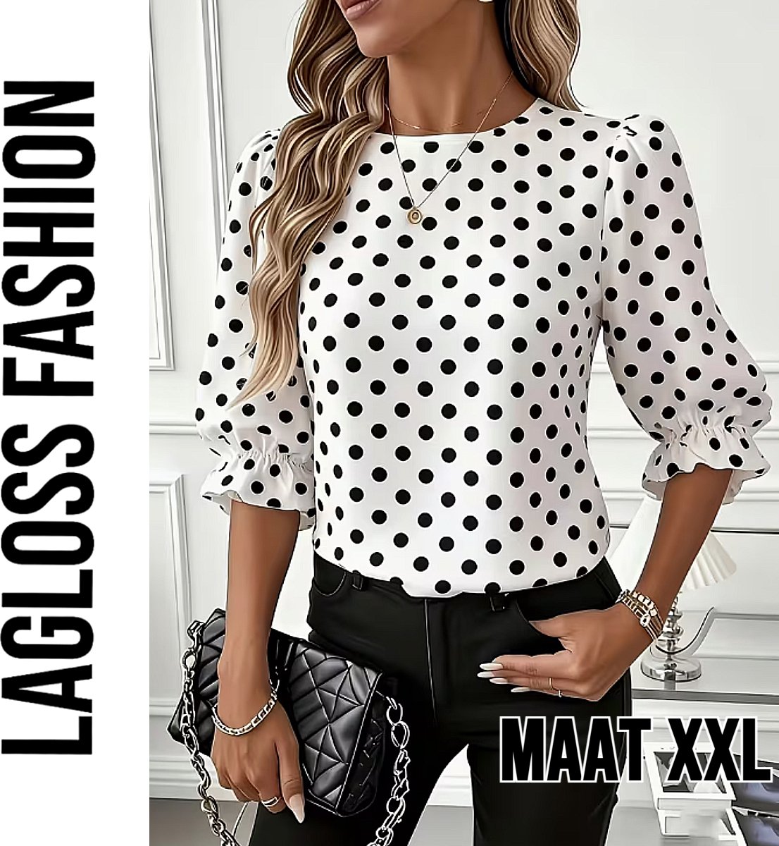 LaGloss® Dames Blouse met Zwarte Polka Dots – Elegante Witte Top met Lantaarn Pofmouwen – Casual & Chique Blouse - Maat XXL
