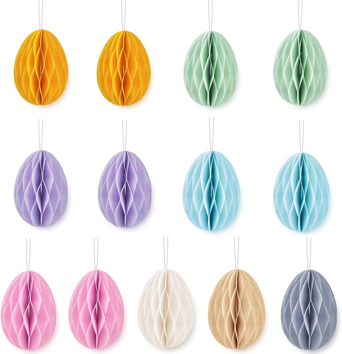 Paaseieren om op te hangen, 13 stuks, kleurrijke paaseieren, decoratie, dik papier, honingraat, eieren decoratie met koord, paasdecoratie voor kleuterschool, school, winkelcentrum, decoratie,