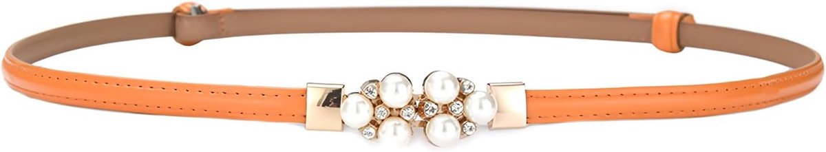 Vrouwen Skinny Lederen Riem Effen Kleur Parel Decoratie Metalen Interlock Gesp Verstelbare Dunne Taille Riem Jurk Riem