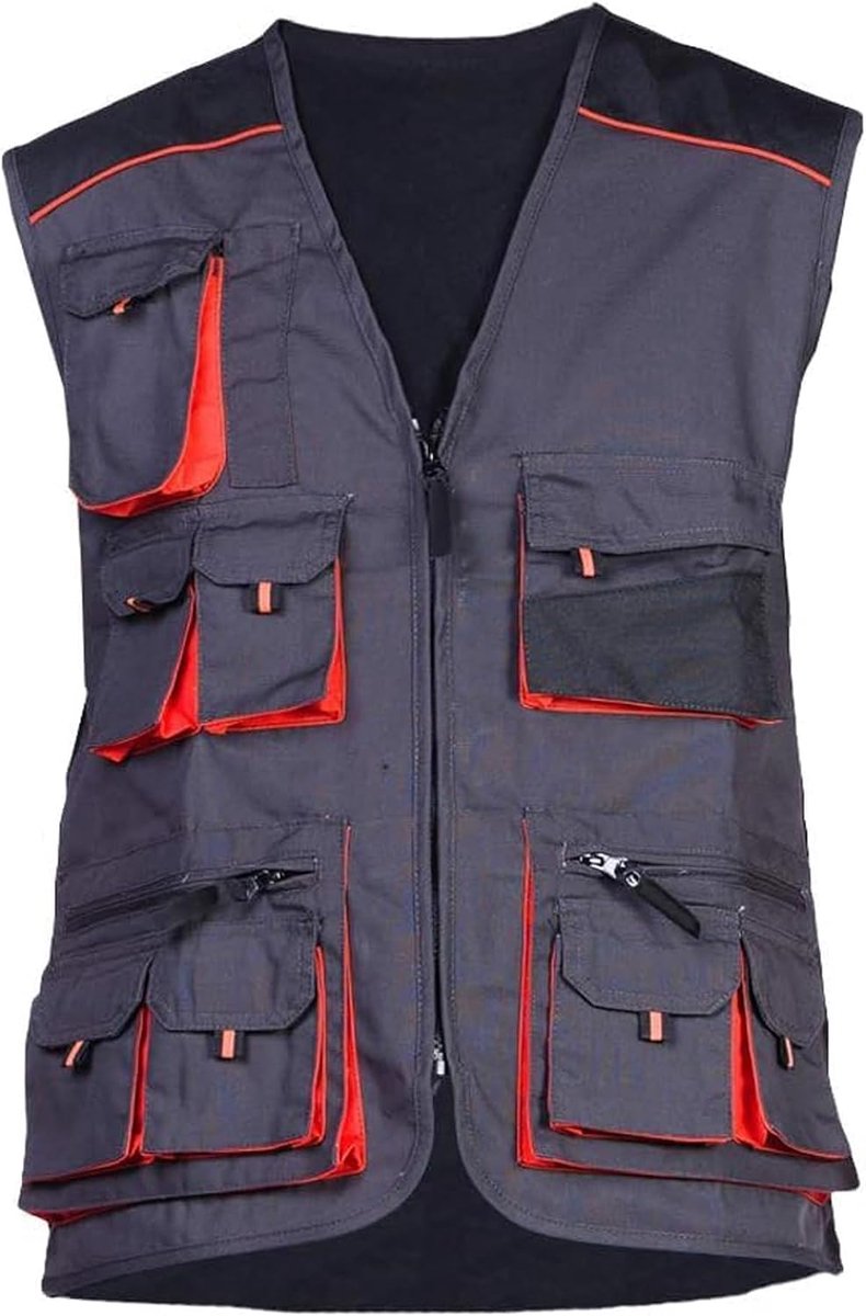 Pocket Utility vest Heren, Tool vest, Gilet, Mouwloos vest, Vissersvest, Veiligheid Werk vest Zwart en Oranje voor Bouwvakkers, Vissen, Safari, Jacht, Hond training, Mechanica, Elektriciens