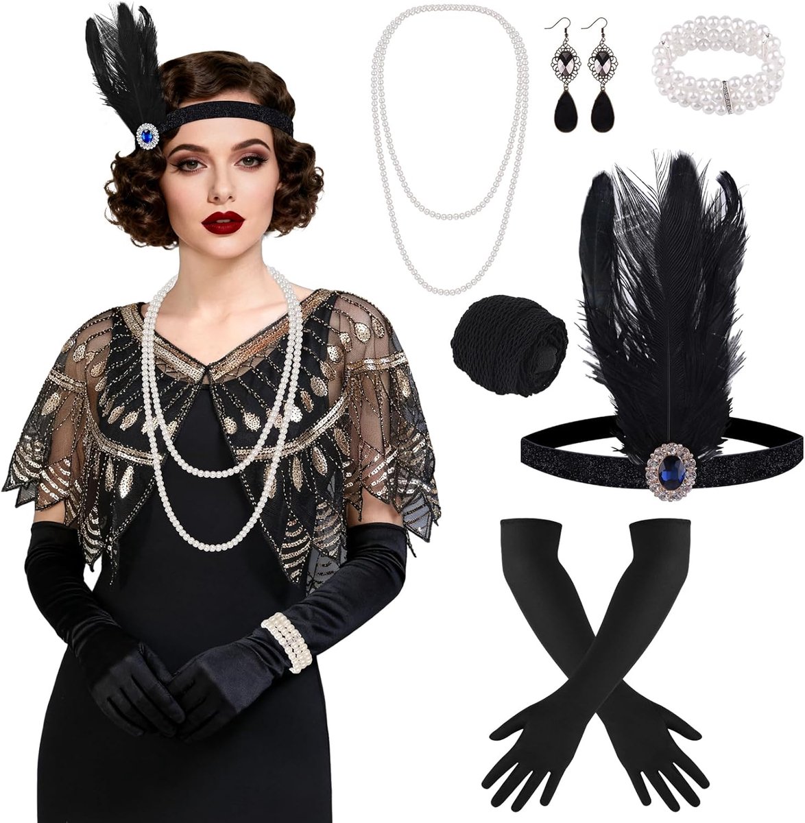 10 Pieces 1920s Flapper Gatsby Accessories Set Fashion Roaring 20's Theme Set with Headband Headpiece Long Black Gloves Necklace Earrings for Women