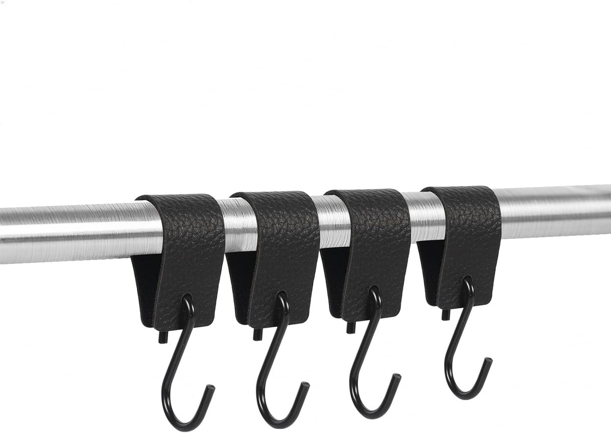 Haak, S-haak met lederen lus, echt leer, veelzijdige S-vormige metalen haak, geschikt voor keuken, kantoor, badkamer en slaapkamer, kledinghaak, vleeshaak (4 haken)