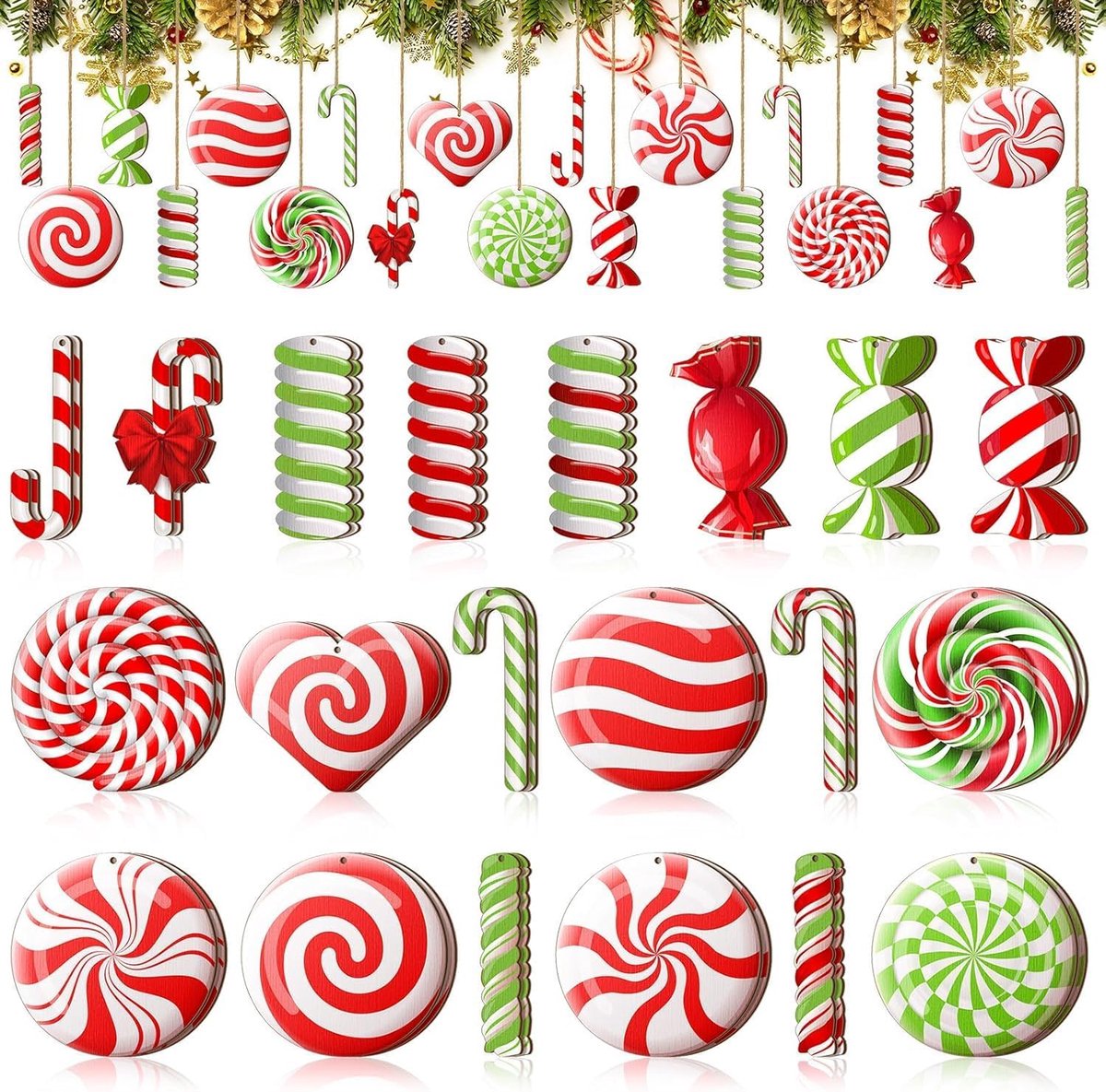 Kerstboomversiering, hout, kerstboomversiering, rood, groen, snoep, kerstboom, decoratie, hout, boomversiering, Kerstmis, houten hangers (20 stuks)